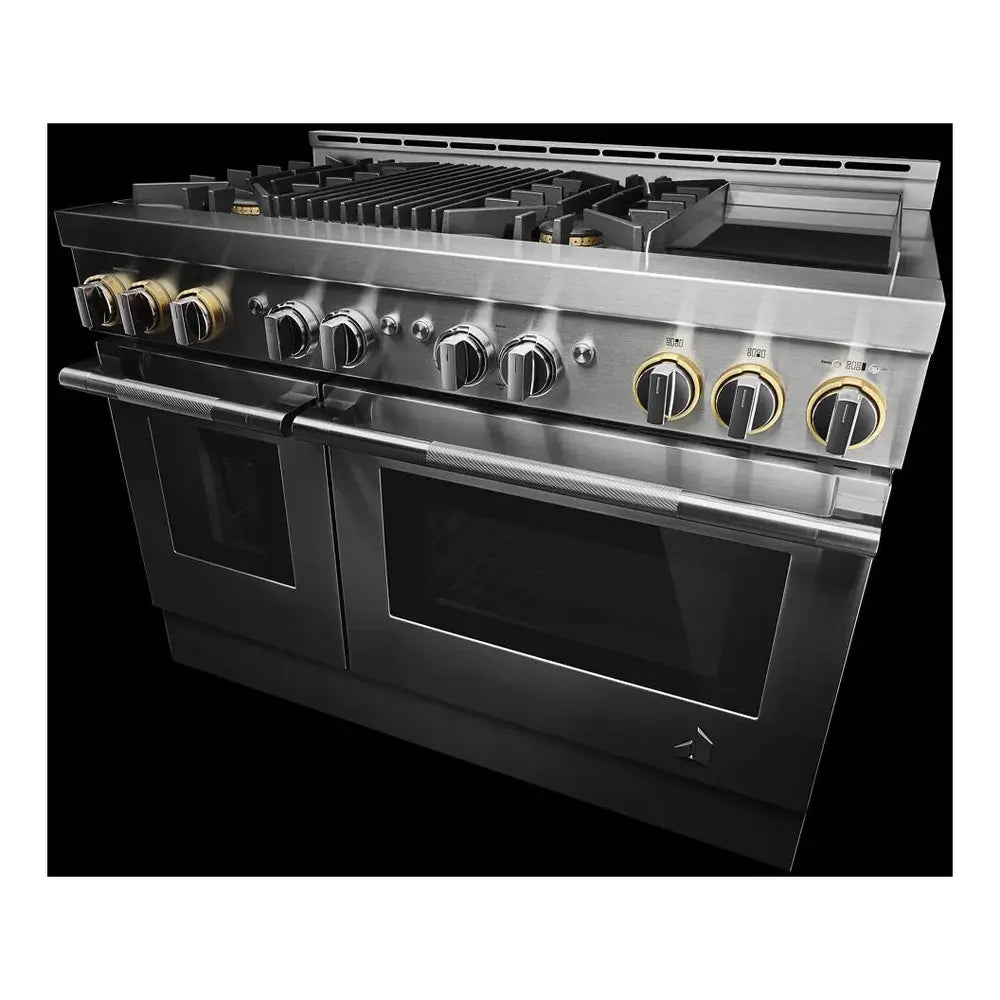 JennAir RISE 48 inch Professional Smart Gas Range with 4 Sealed Burners, Griddle, Grill, 6.3 cu. ft. Total Oven Capacity, Remote Access, Halo-Effect Knobs, in Stainless Steel, JGRP748HL