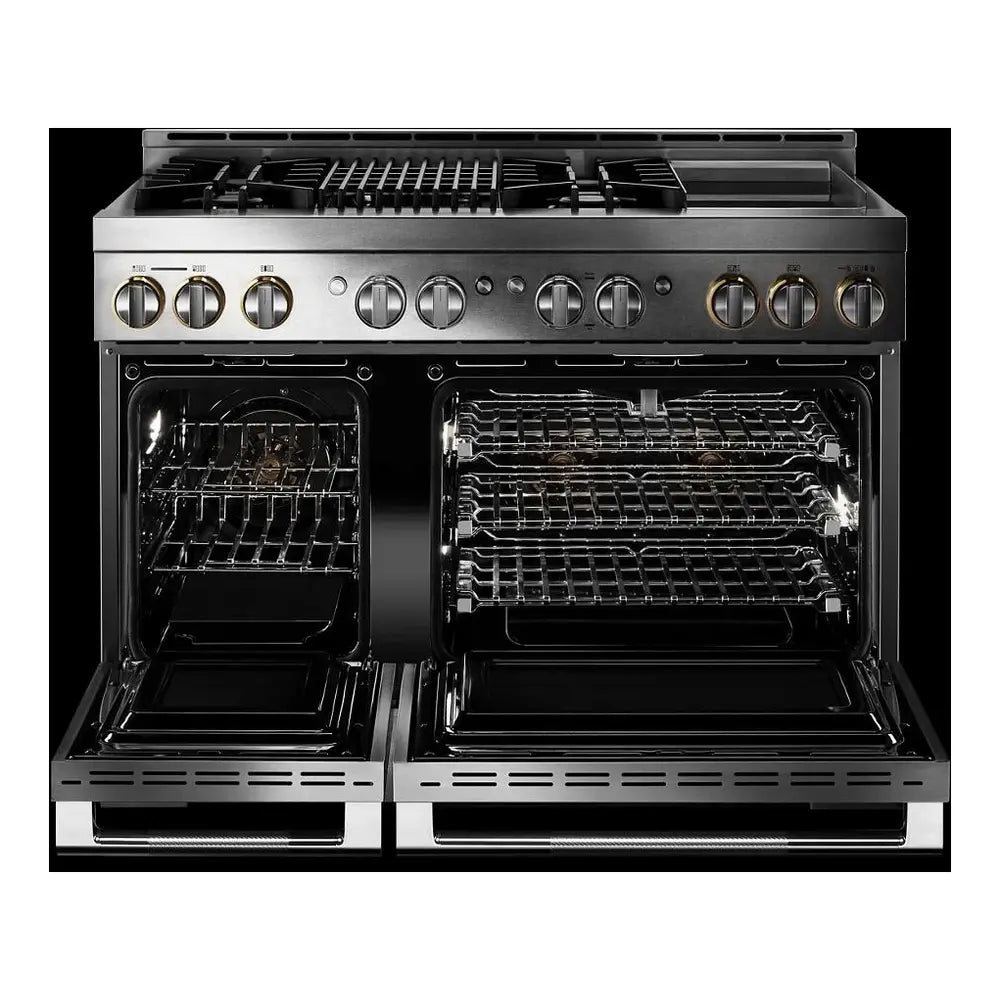 JennAir RISE 48 inch Professional Smart Gas Range with 4 Sealed Burners, Griddle, Grill, 6.3 cu. ft. Total Oven Capacity, Remote Access, Halo-Effect Knobs, in Stainless Steel, JGRP748HL