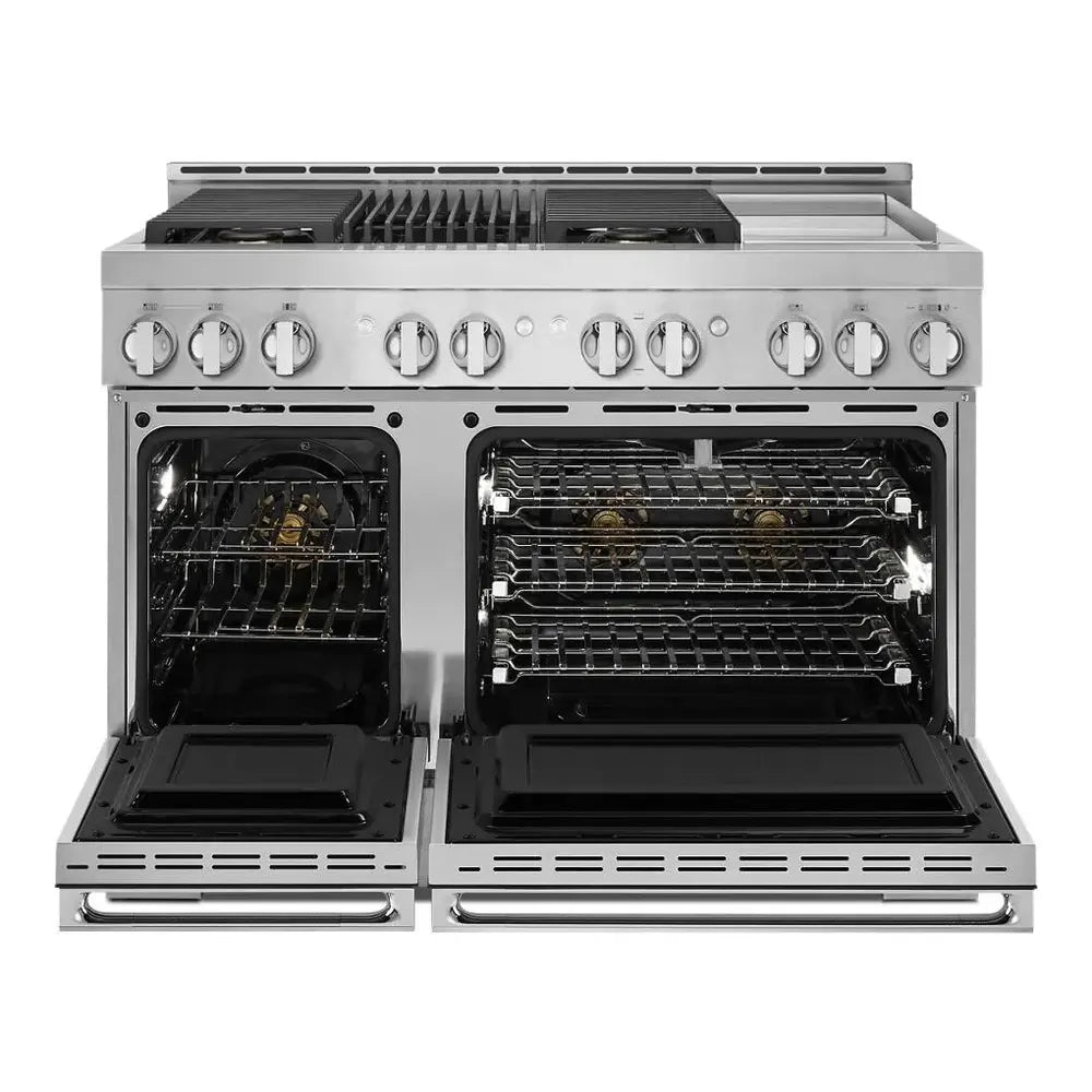 JennAir NOIR 48 inch Professional Smart Gas Range with 4 Sealed Burners, Griddle, Grill, 6.3 cu. ft. Total Oven Capacity, Remote Access, Halo-Effect Knobs, in Stainless Steel JGRP748HM
