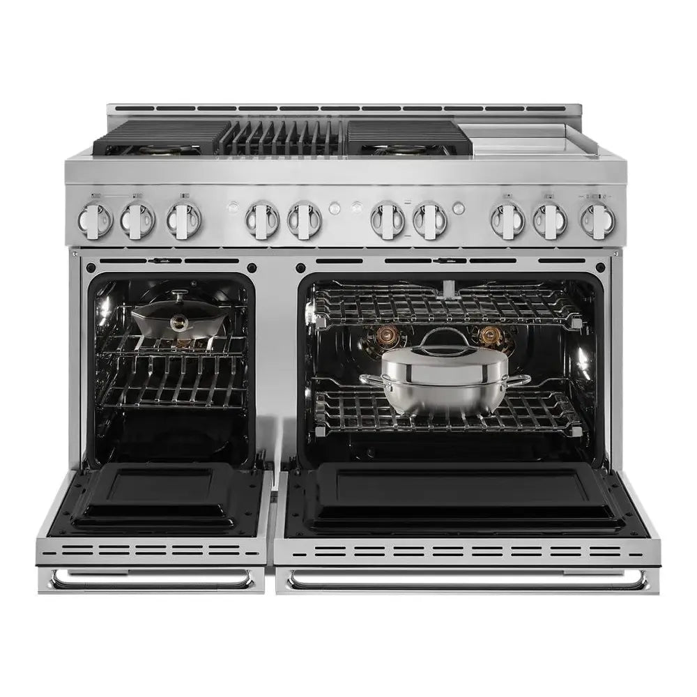 JennAir NOIR 48 inch Professional Smart Gas Range with 4 Sealed Burners, Griddle, Grill, 6.3 cu. ft. Total Oven Capacity, Remote Access, Halo-Effect Knobs, in Stainless Steel JGRP748HM