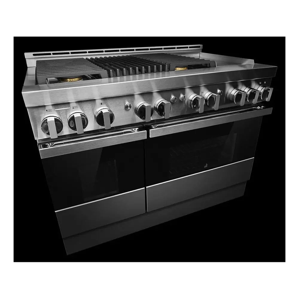 JennAir NOIR 48 inch Professional Smart Gas Range with 4 Sealed Burners, Griddle, Grill, 6.3 cu. ft. Total Oven Capacity, Remote Access, Halo-Effect Knobs, in Stainless Steel JGRP748HM
