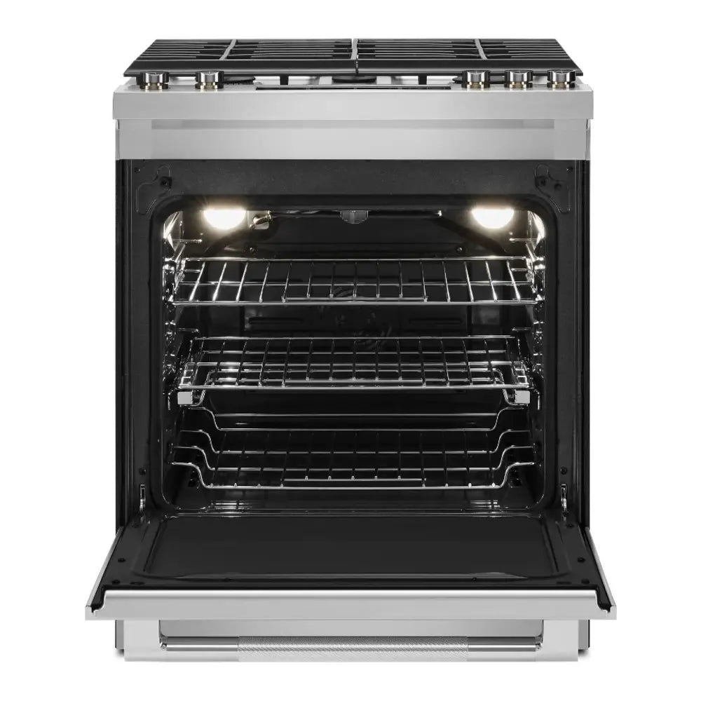 JennAir RISE 30 inch Slide-In Gas Range with 5 Burners, 6.4 cu. ft. Oven Capacity with True Convection, Baking Drawer, Air Fry, AquaLift Self-Cleaning Technology, in Stainless Steel, JGS1450ML