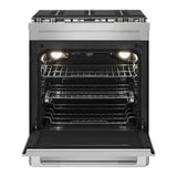 JennAir RISE 30 inch Slide-In Gas Range with 5 Burners, 6.4 cu. ft. Oven Capacity with True Convection, Baking Drawer, Air Fry, AquaLift Self-Cleaning Technology, in Stainless Steel, JGS1450ML