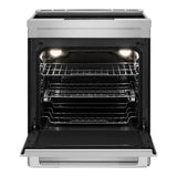 JennAir RISE 30 inch Induction Slide-In Range with 4 Cooking Zones, True Convection Oven, Assisted Cooking, Emotive Controls, Bridge Function, in Stainless Steel, JIS1450ML