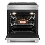JennAir RISE 30 inch Induction Slide-In Range with 4 Cooking Zones, True Convection Oven, Assisted Cooking, Emotive Controls, Bridge Function, in Stainless Steel, JIS1450ML