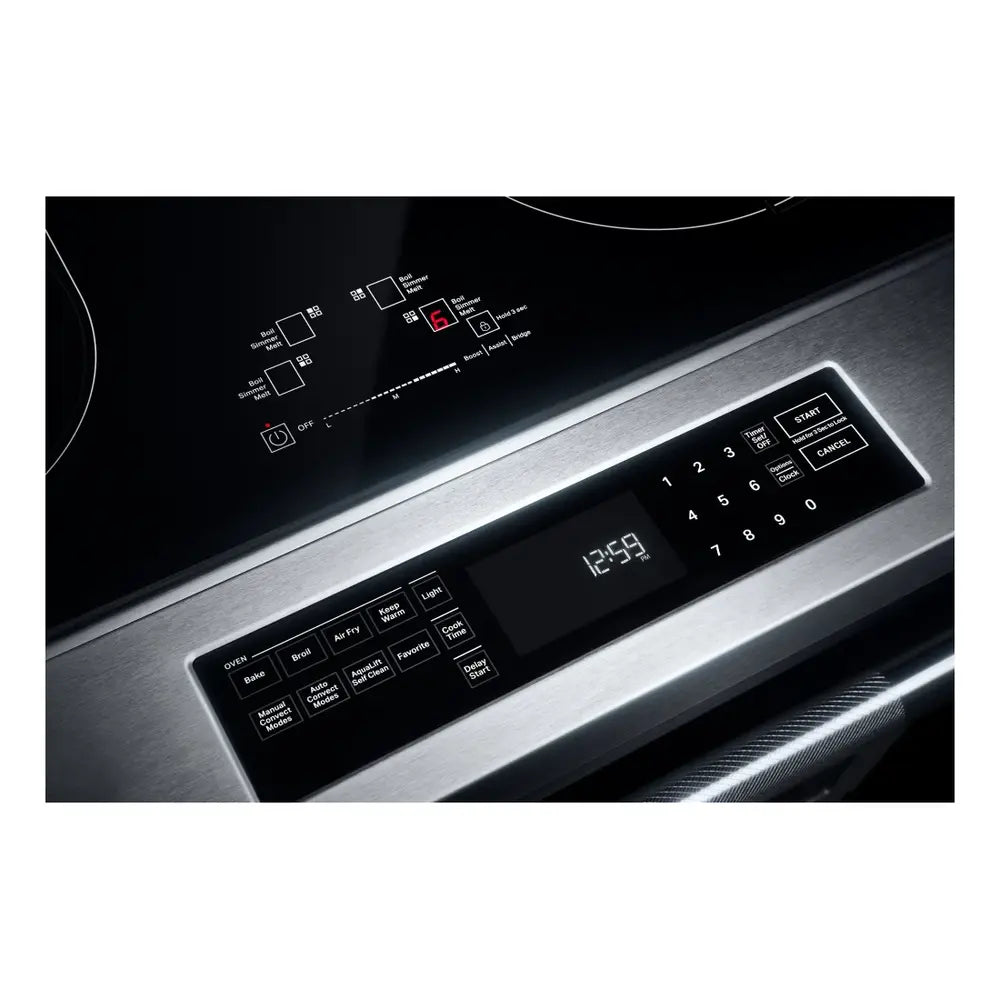 JennAir RISE 30 inch Induction Slide-In Range with 4 Cooking Zones, True Convection Oven, Assisted Cooking, Emotive Controls, Bridge Function, in Stainless Steel, JIS1450ML