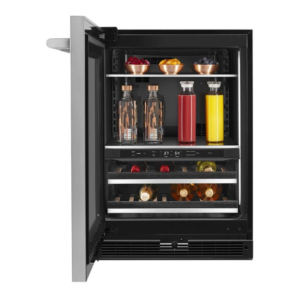 JennAir RISE 24 inch Under Counter Beverage Center with Dual Temperature Zones, UV-Resistant Thermal Glass in Stainless Steel, JUBF*242HL