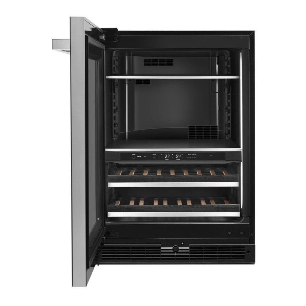 JennAir NOIR 24 inch Under Counter Beverage Center with Dual Temperature Zones, UV-Resistant Thermal Glass, in Black JUBF*242HM