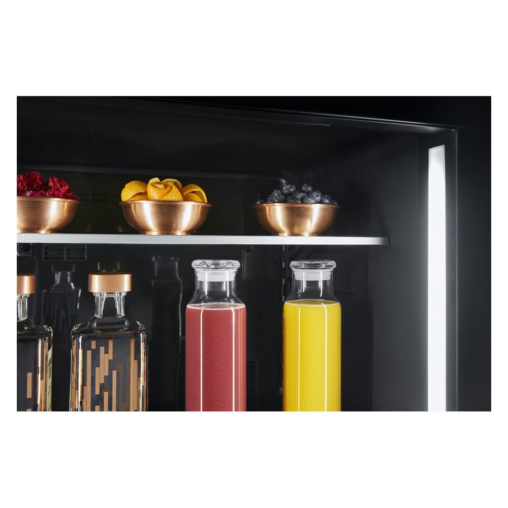 JennAir NOIR 24 inch Under Counter Beverage Center with Dual Temperature Zones, UV-Resistant Thermal Glass, in Black JUBF*242HM