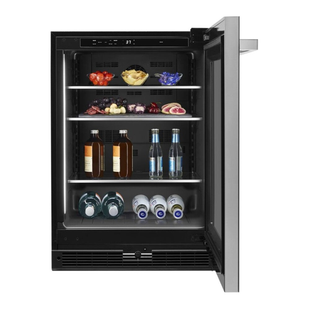 JennAir NOIR 24 inch Under Counter Glass Door Refrigerator with 5.2 cu. ft. Capacity, Obsidian Interior and LED Lighting in Black, JUGF*242HM
