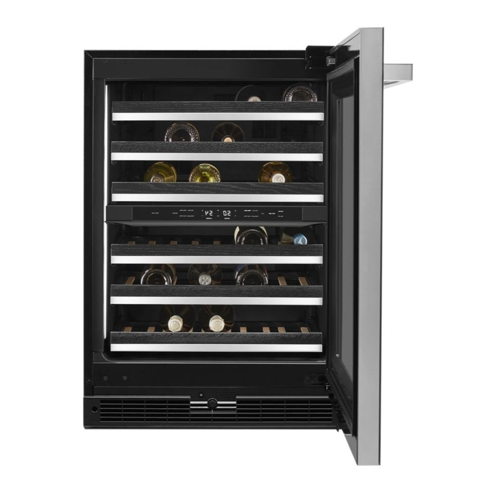 JennAir NOIR 24 inch Built-In Undercounter Wine Cellar with 45 Bottle Capacity, Independent Temperature Zones in Black, JUWF*242HM