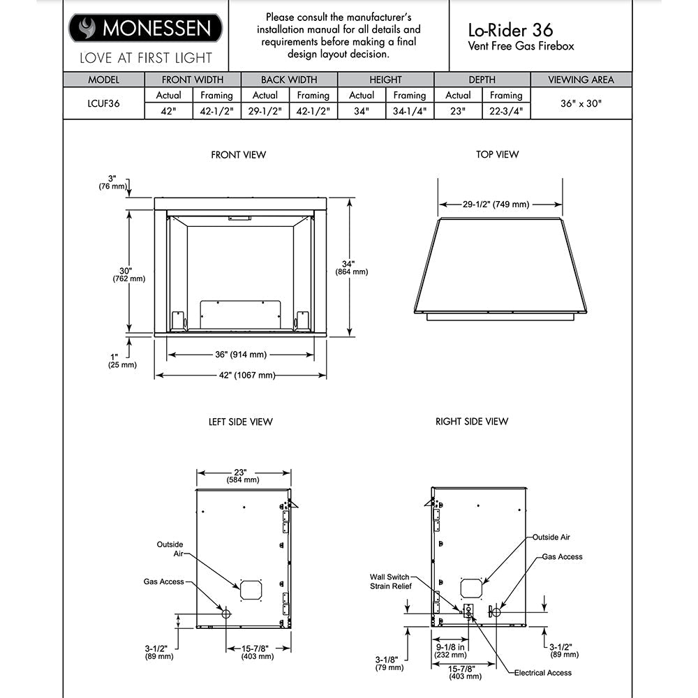 Monessen 36" Lo-Rider Clean Face Vent-Free Gas Firebox with Interior Panels