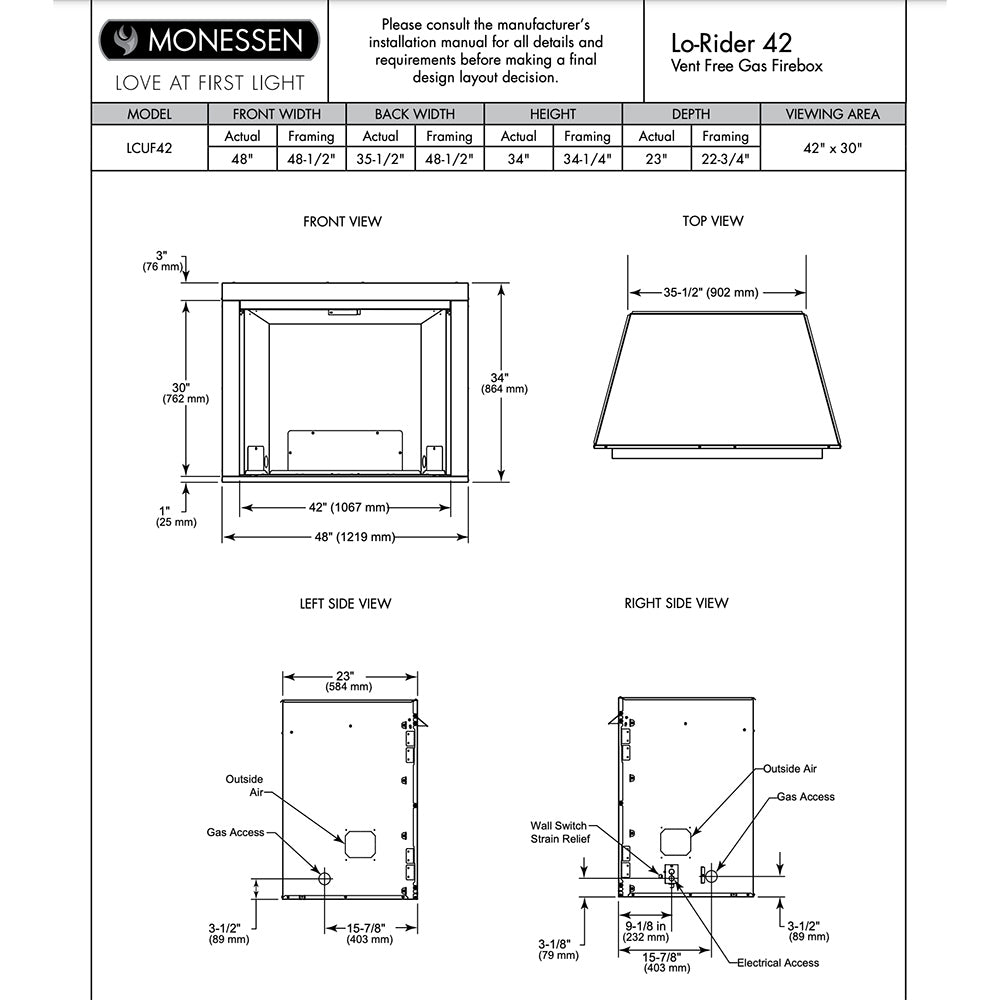 Monessen 42" Lo-Rider Clean Face Vent-Free Gas Firebox with Interior Panels
