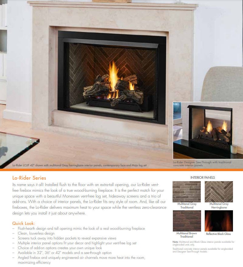 Monessen 36" Lo-Rider Clean Face Vent-Free Gas Firebox with Interior Panels