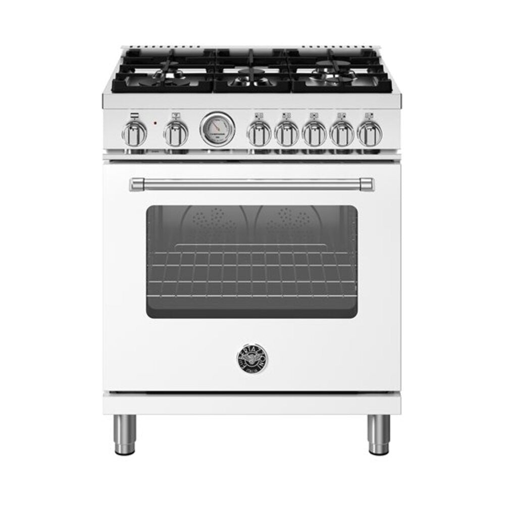 Bertazzoni Master Series 30 inch Dual Fuel Range with 5 Burners, 4.7 cu. ft. Oven Capacity, Continuous Cast Iron Grates and Dual Convection (Bianco White) - MAS305DFMBIV*