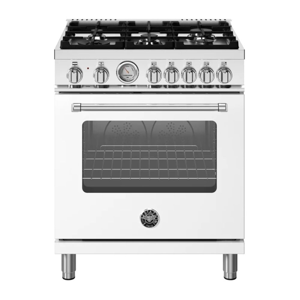 Bertazzoni Master Series 30 inch Dual Fuel Range with 5 Burners, 4.7 cu. ft. Oven Capacity, Continuous Cast Iron Grates and Dual Convection (Bianco White) - MAS305DFMBIV*