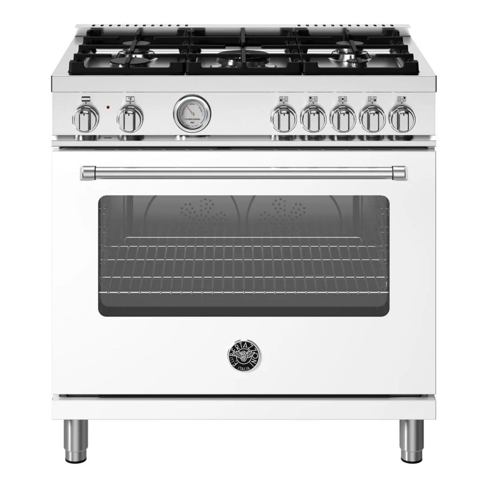 Bertazzoni Master Series 36 inch Dual Fuel Range with 5 Burners, 5.9 cu. ft. Oven Capacity, Continuous Cast Iron Grates and Dual Convection (Bianco White) - MAS365DFMBIV*