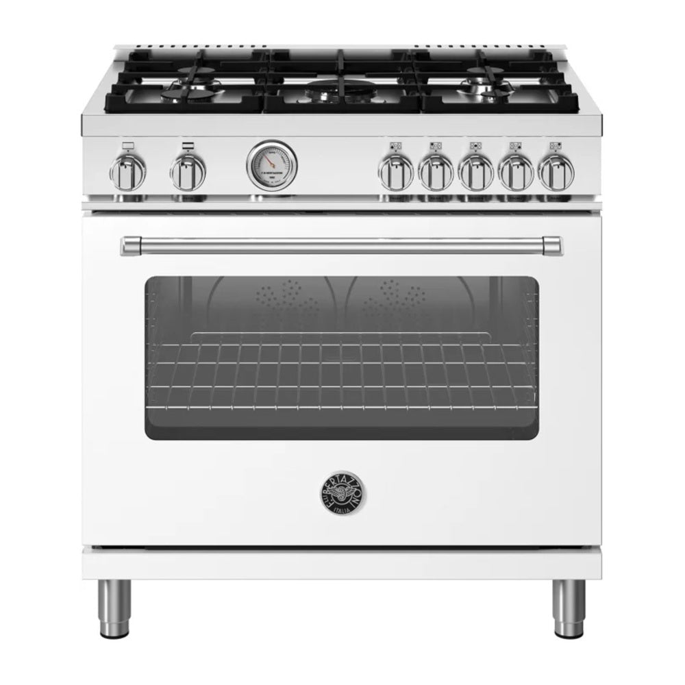 Bertazzoni Master Series 36 inch Gas Range with 5 Burners, 5.9 cu. ft. Oven Capacity, Continuous Cast Iron Grates and Convection (Bianco White) - MAS365GASBIV*