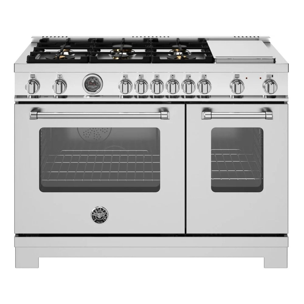 Bertazzoni Master Series 48 inch Gas Range with 6 Brass Burners, Electric Griddle, 7.1 cu. ft. Total Oven Capacity and Dual Convection - MAS486BTFGMXT*