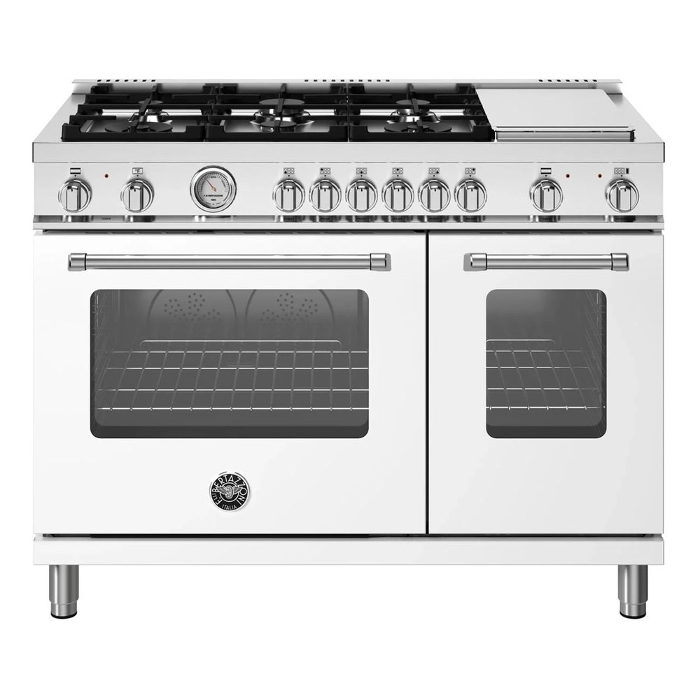 Bertazzoni Master Series 48 inch Dual Fuel Range with 6 Burners, Electric Griddle. 7.1 cu. ft. Total Oven Capacity and Dual Convection ( (Bianco White) - MAS486GDFMBIV*