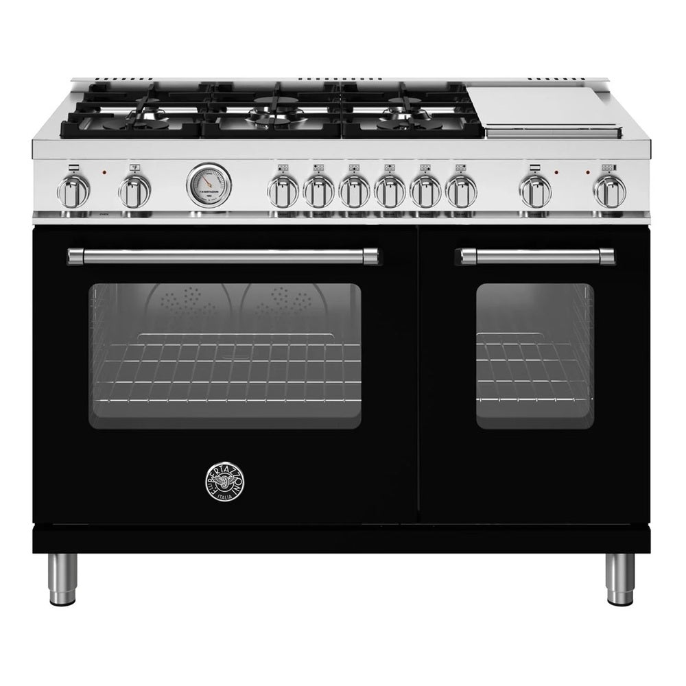 Bertazzoni Master Series 48 inch Dual Fuel Range with 6 Burners, Electric Griddle. 7.1 cu. ft. Total Oven Capacity and Dual Convection (Nero Black) - MAS486GDFMNEV*
