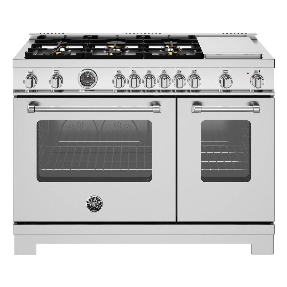 Bertazzoni Master Series 48 inch Dual Fuel Range with 6 Burners, Electric Griddle. 7.1 cu. ft. Total Oven Capacity and Dual Convection (Stainless Steel) - MAS486GDFMXV*