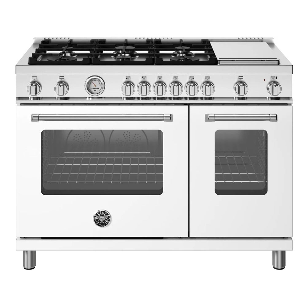 Bertazzoni Master Series 48 inch Gas Range with 6 Burners, Griddle, 7.1 cu. ft. Oven Capacity, Continuous Cast Iron Grates and Convection (Bianco White) - MAS486GGASBIV*