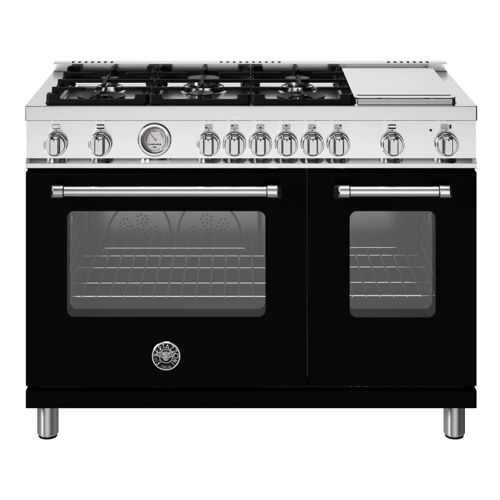 Bertazzoni Master Series 48 inch Gas Range with 6 Burners, Griddle, 7.1 cu. ft. Oven Capacity, Continuous Cast Iron Grates and Convection (Nero Black) - MAS486GGASNEV*
