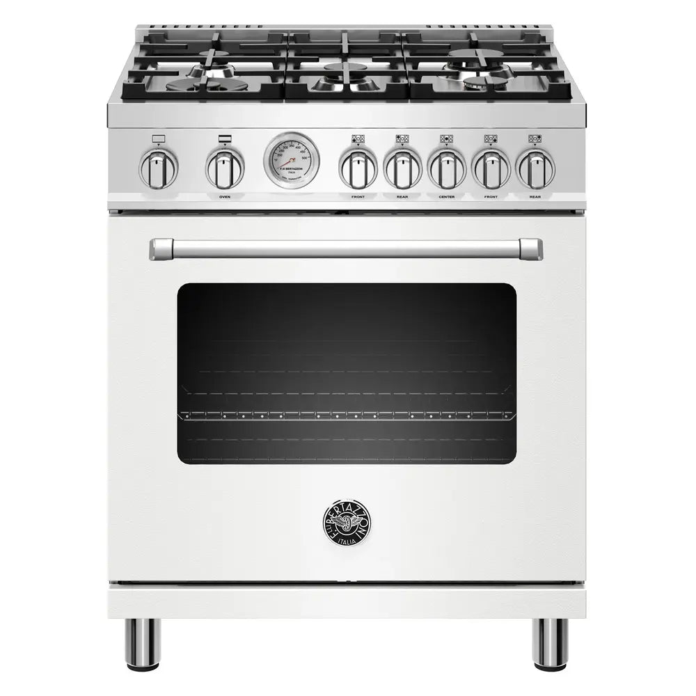Bertazzoni 30 inch Master Series Gas Range with 5 Sealed Burners, 4.7 cu. ft. Oven Capacity, Soft Motion Hinges (Matte White) - MAST305GASBIELP