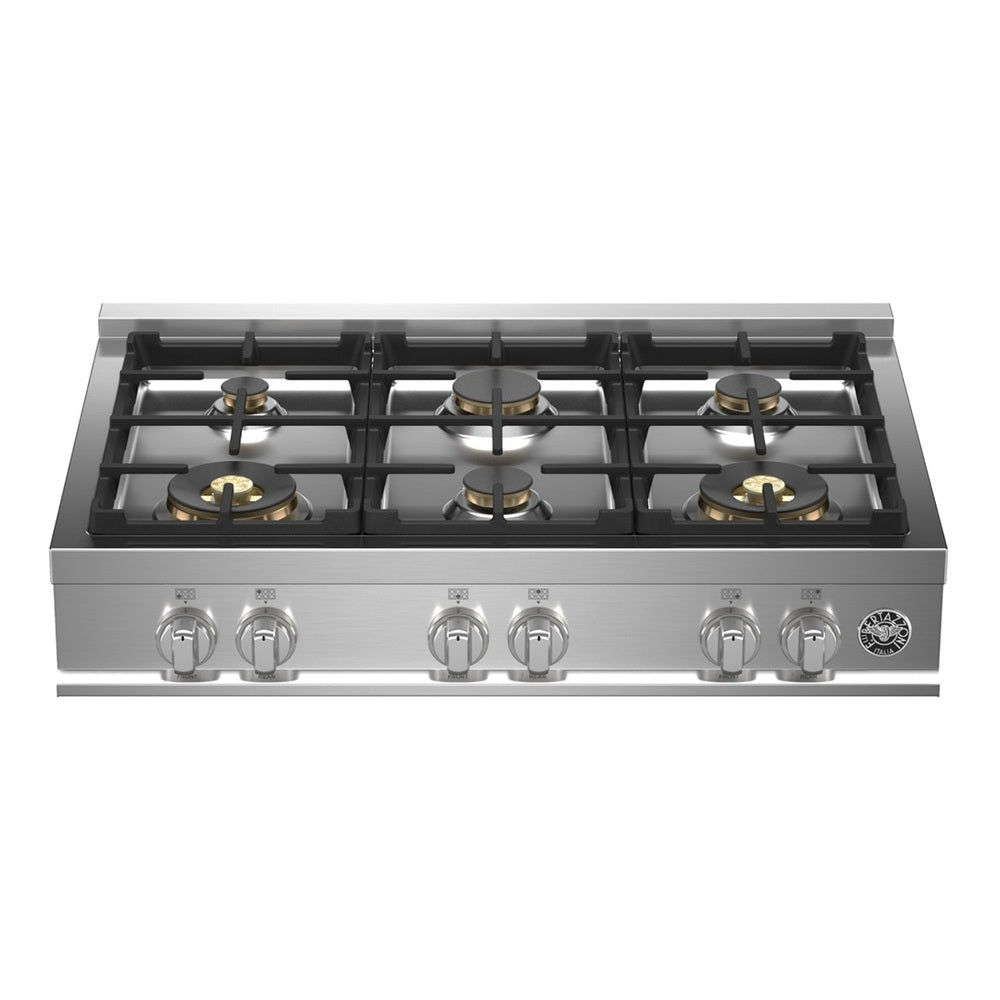 Bertazzoni 36 inch Master Series Gas Rangetop with 6 Brass Sealed Burners, Cast Iron Grates, Failsafe Thermocouple Technology, in Stainless Steel - MAST366RTBXT*