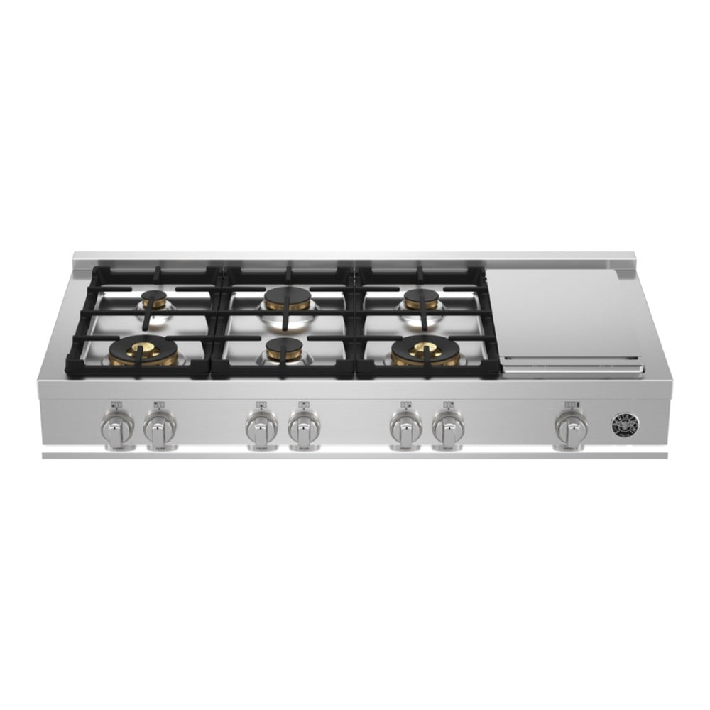 Bertazzoni 48 inch Master Series Gas Rangetop with 6 Brass Sealed Burners, Electric Griddle, Cast Iron Grates, Failsafe Thermocouple Technology, in Stainless Steel - MAST486GRTBXT*