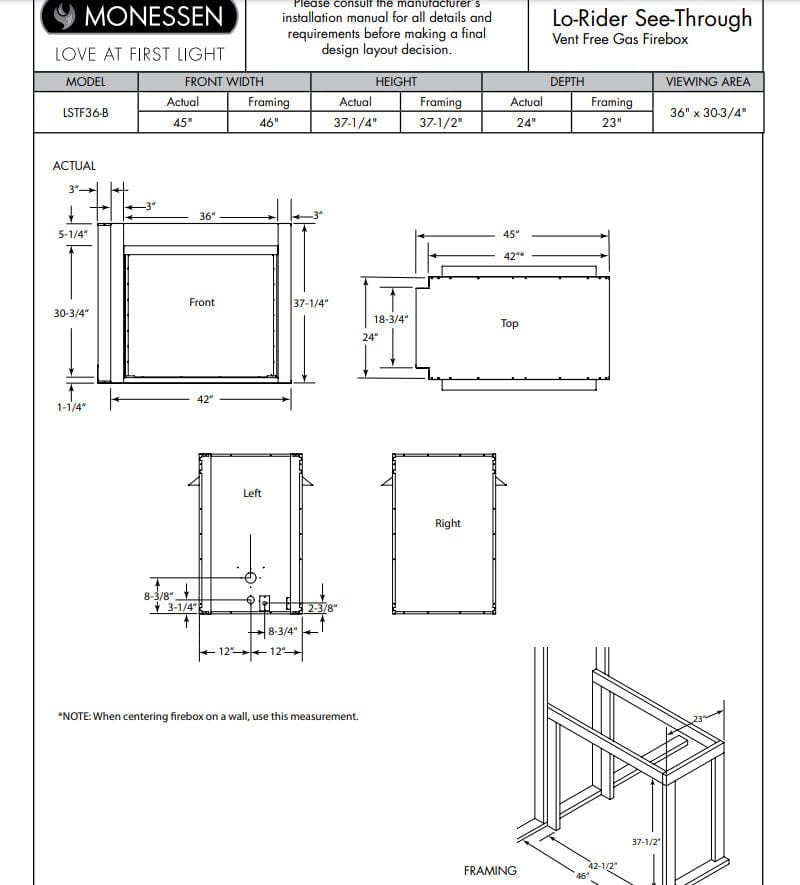 Monessen 36" Lo-Rider Double-Sided Clean Face Vent Free Firebox with Traditional Refractory Firebrick