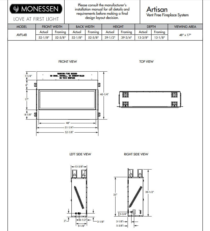 Monessen 48" Artisan Vent-Free Linear Gas Fireplace with IPI Plus Electronic Ignition and Remote Control