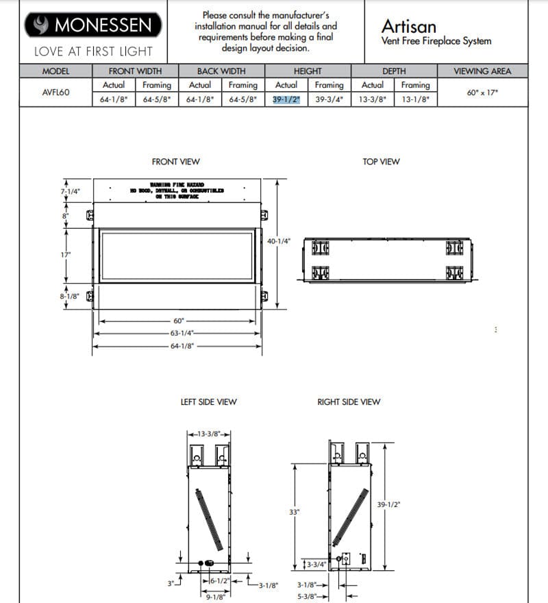 Monessen 60" Artisan Vent-Free Linear Gas Fireplace with IPI Plus Electronic Ignition and Remote Control