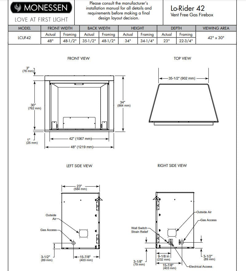 Monessen 42" Lo-Rider Clean Face Vent-Free Gas Firebox with Interior Panels