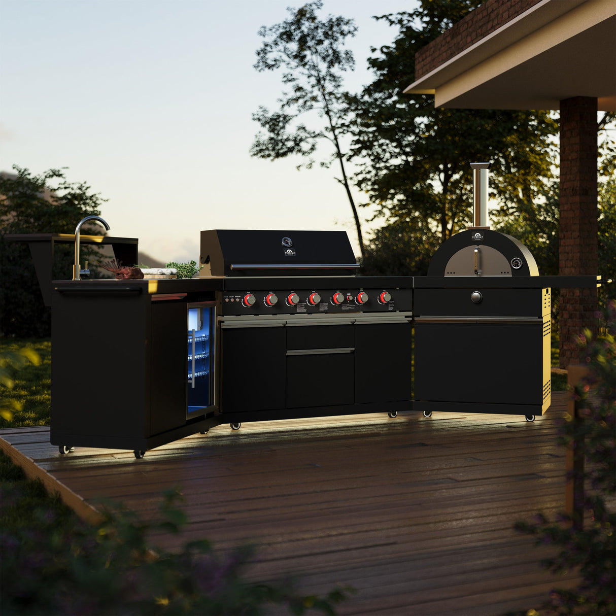 Forno All’Aperto Outdoor Kitchen – 87,600 BTU, 4 Burners, Infrared Burners, Pizza Oven, Black Countertops, Bar & Beverage Center