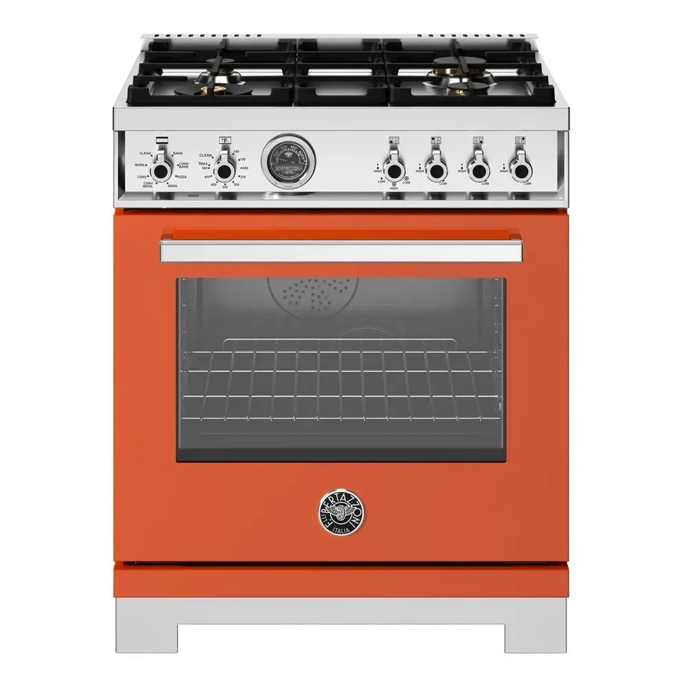 Bertazzoni Professional Series 30 inch Dual Fuel Range with 4 Brass Burners, 4.6 cu. ft. Capacity Oven, Self Clean and Air Fry (Arancio Orange) - PRO304BFEPART*