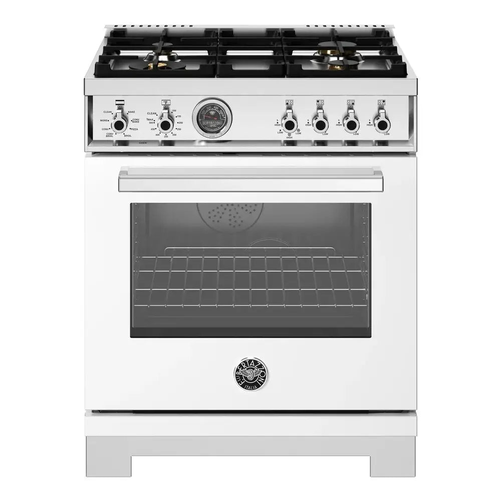 Bertazzoni Professional Series 30 inch Dual Fuel Range with 4 Brass Burners, 4.6 cu. ft. Capacity Oven, Self Clean and Air Fry (Bianco White) - PRO304BFEPBIT*