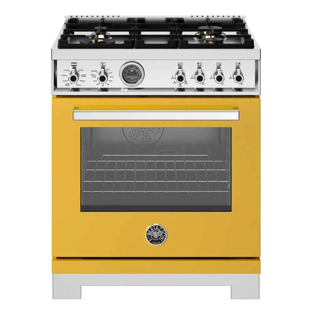 Bertazzoni Professional Series 30 inch Dual Fuel Range with 4 Brass Burners, 4.6 cu. ft. Capacity Oven, Self Clean and Air Fry (Giallo Yellow) - PRO304BFEPGIT*
