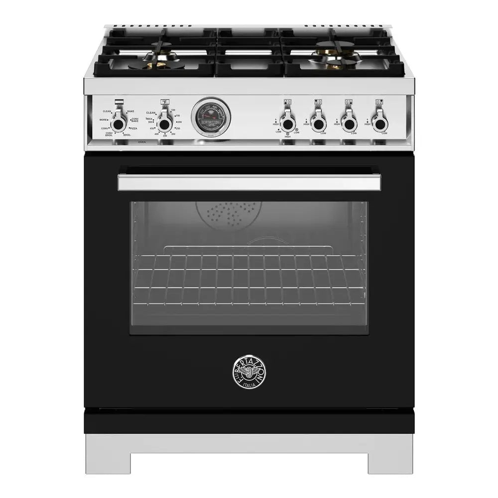 Bertazzoni Professional Series 30 inch Dual Fuel Range with 4 Brass Burners, 4.6 cu. ft. Capacity Oven, Self Clean and Air Fry (Nero Black) - PRO304BFEPNET*