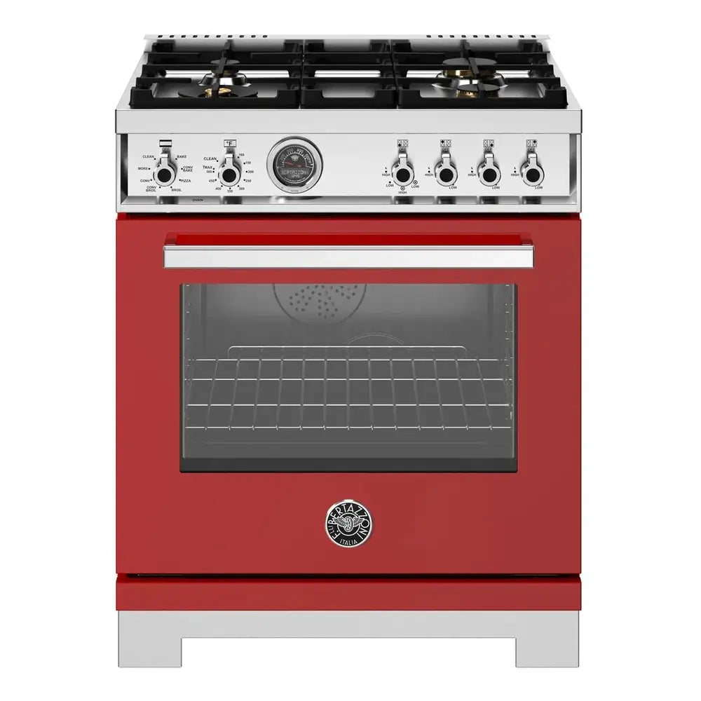 Bertazzoni Professional Series 30 inch Dual Fuel Range with 4 Brass Burners, 4.6 cu. ft. Capacity Oven, Self Clean and Air Fry (Rosso Red) - PRO304BFEPROT*