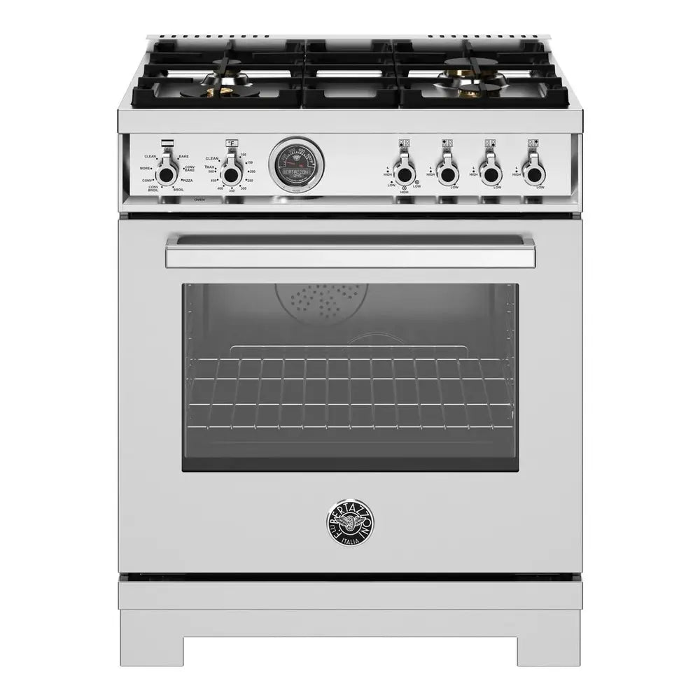 Bertazzoni Professional Series 30 inch Dual Fuel Range with 4 Brass Burners, 4.6 cu. ft. Capacity Oven, Self Clean and Air Fry (Stainless Steel) - PRO304BFEPXT*