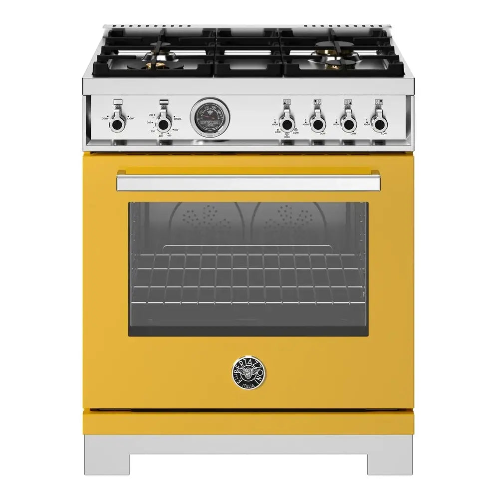 Bertazzoni Professional Series 30 inch Gas Range with 4 Brass Burners, 4.7 cu. ft. Oven Capacity, Dual Convection and Temperature Probe (Giallo Yellow) - PRO304BFGMGIT*