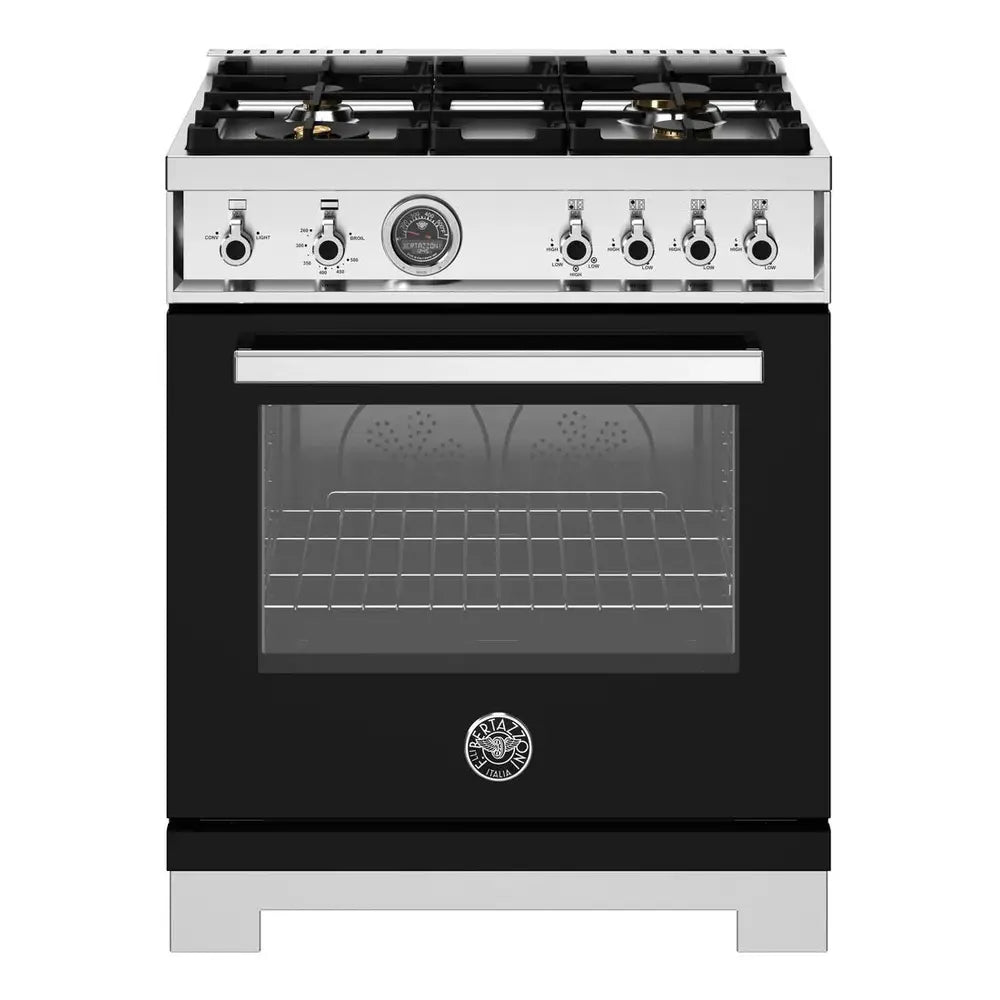Bertazzoni Professional Series 30 inch Gas Range with 4 Brass Burners, 4.7 cu. ft. Oven Capacity, Dual Convection and Temperature Probe (Nero Black) - PRO304BFGMNET*
