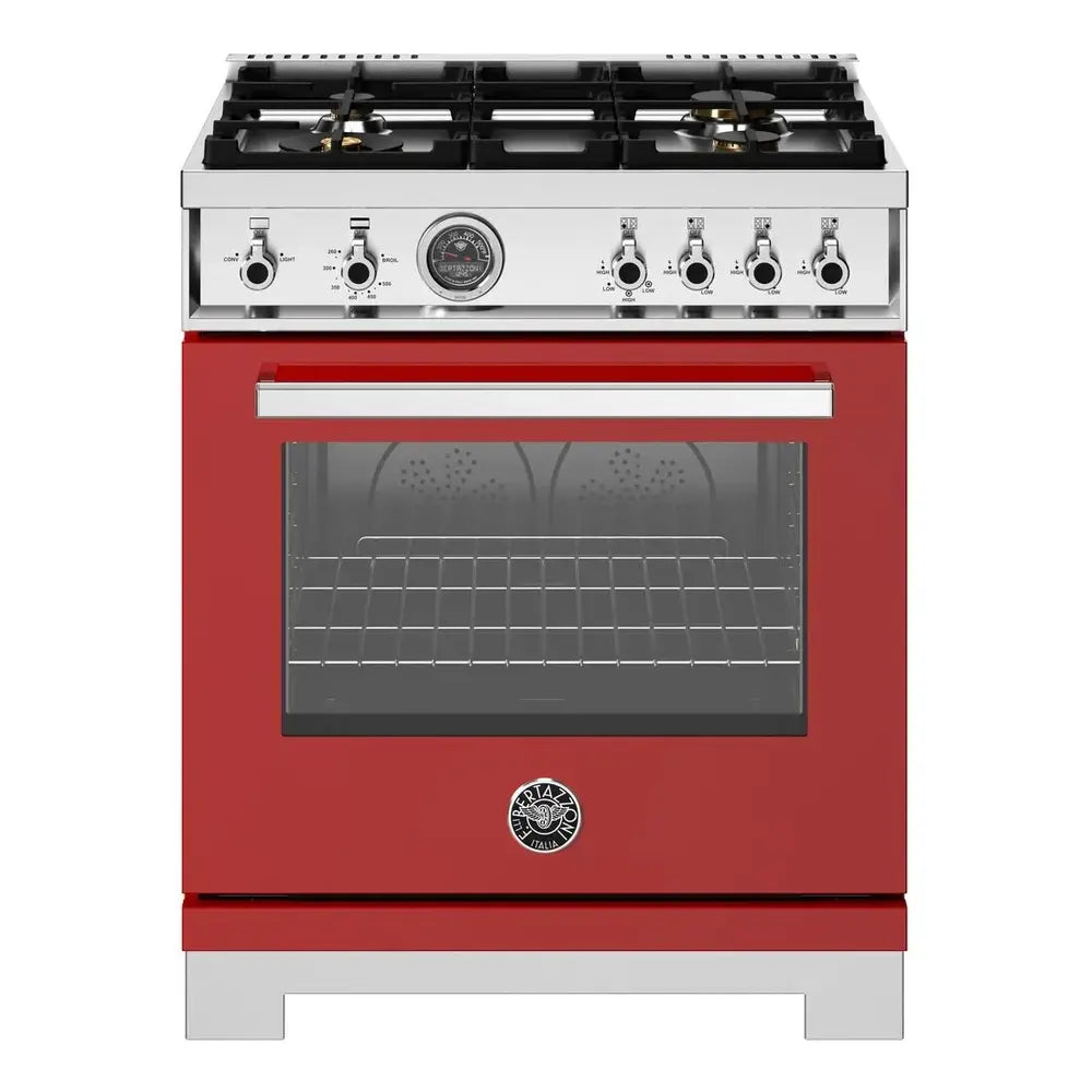Bertazzoni Professional Series 30 inch Gas Range with 4 Brass Burners, 4.7 cu. ft. Oven Capacity, Dual Convection and Temperature Probe (Rosso Red) - PRO304BFGMROT*