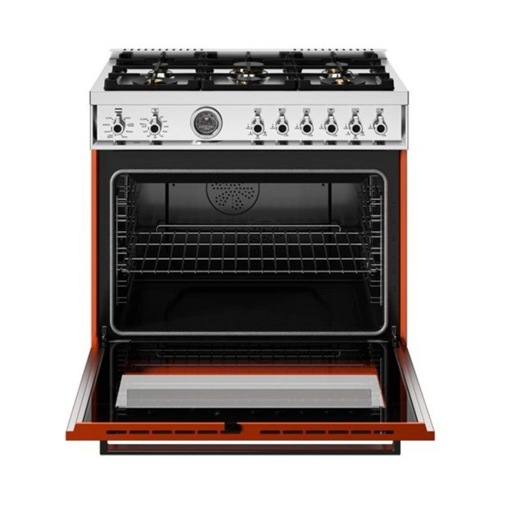 Bertazzoni Professional Series 36 inch Dual Fuel Range with 6 Brass Burners, 5.7 cu. ft. Oven Capacity, Self Clean and Removable Cast-Iron Griddle (Arancio Orange) - PRO366BCFEPART*