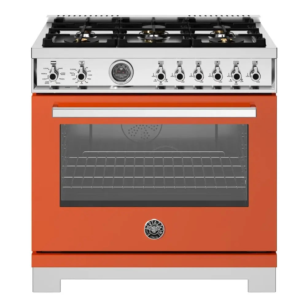 Bertazzoni Professional Series 36 inch Dual Fuel Range with 6 Brass Burners, 5.7 cu. ft. Oven Capacity, Self Clean and Removable Cast-Iron Griddle (Arancio Orange) - PRO366BCFEPART*