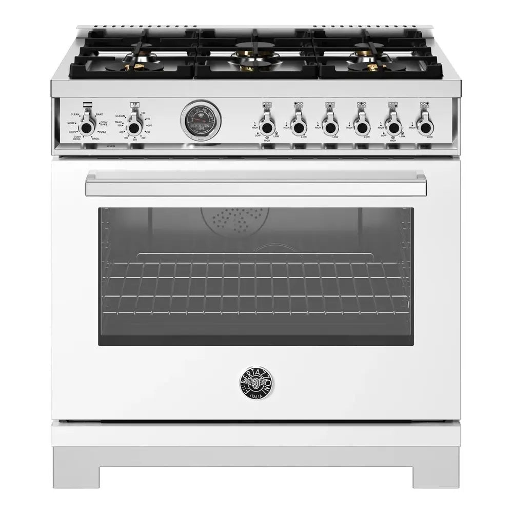 Bertazzoni Professional Series 36 inch Dual Fuel Range with 6 Brass Burners, 5.7 cu. ft. Oven Capacity, Self Clean and Removable Cast-Iron Griddle (Bianco White) - PRO366BCFEPBIT*