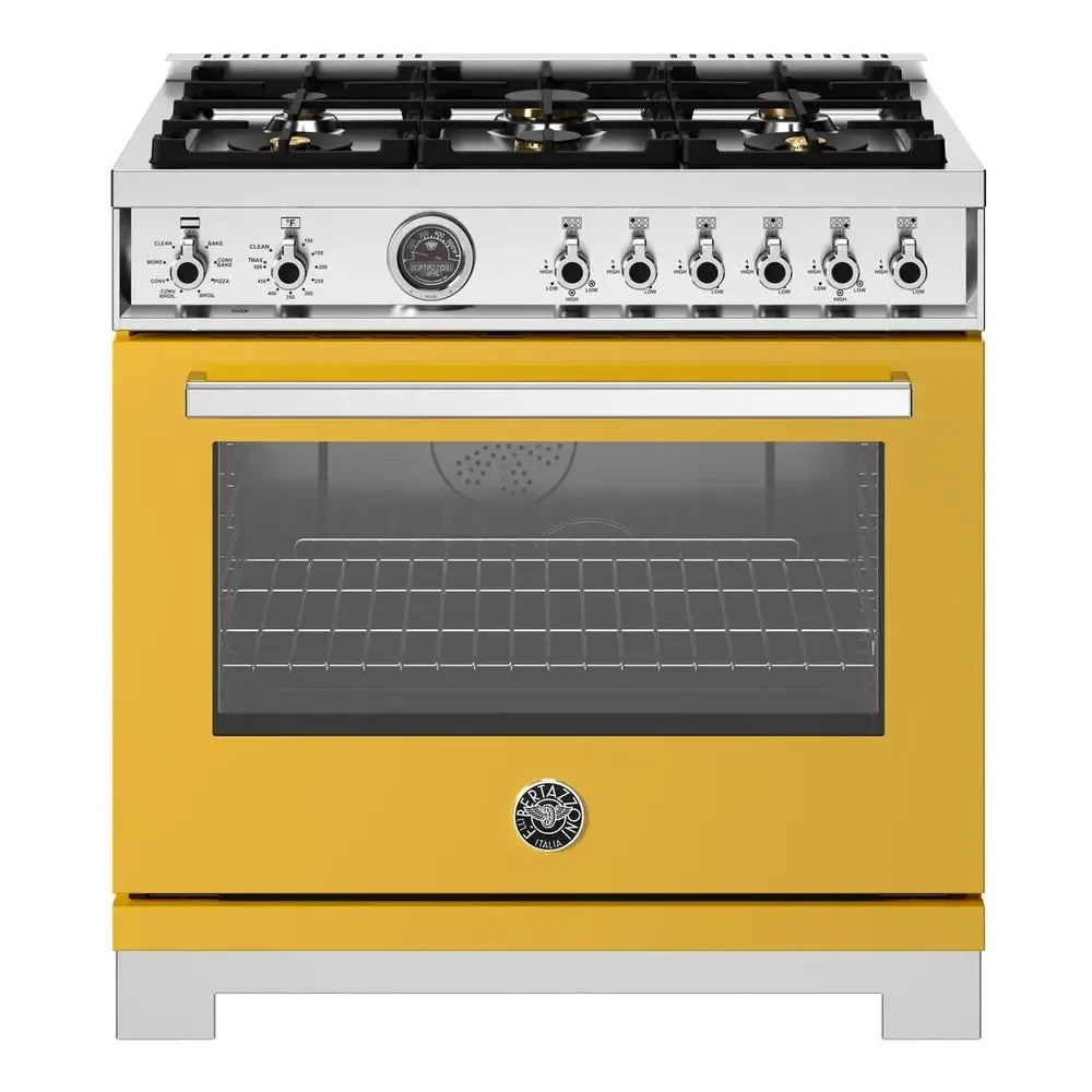 Bertazzoni Professional Series 36 inch Dual Fuel Range with 6 Brass Burners, 5.7 cu. ft. Oven Capacity, Self Clean and Removable Cast-Iron Griddle (Giallo Yellow) - PRO366BCFEPGIT*