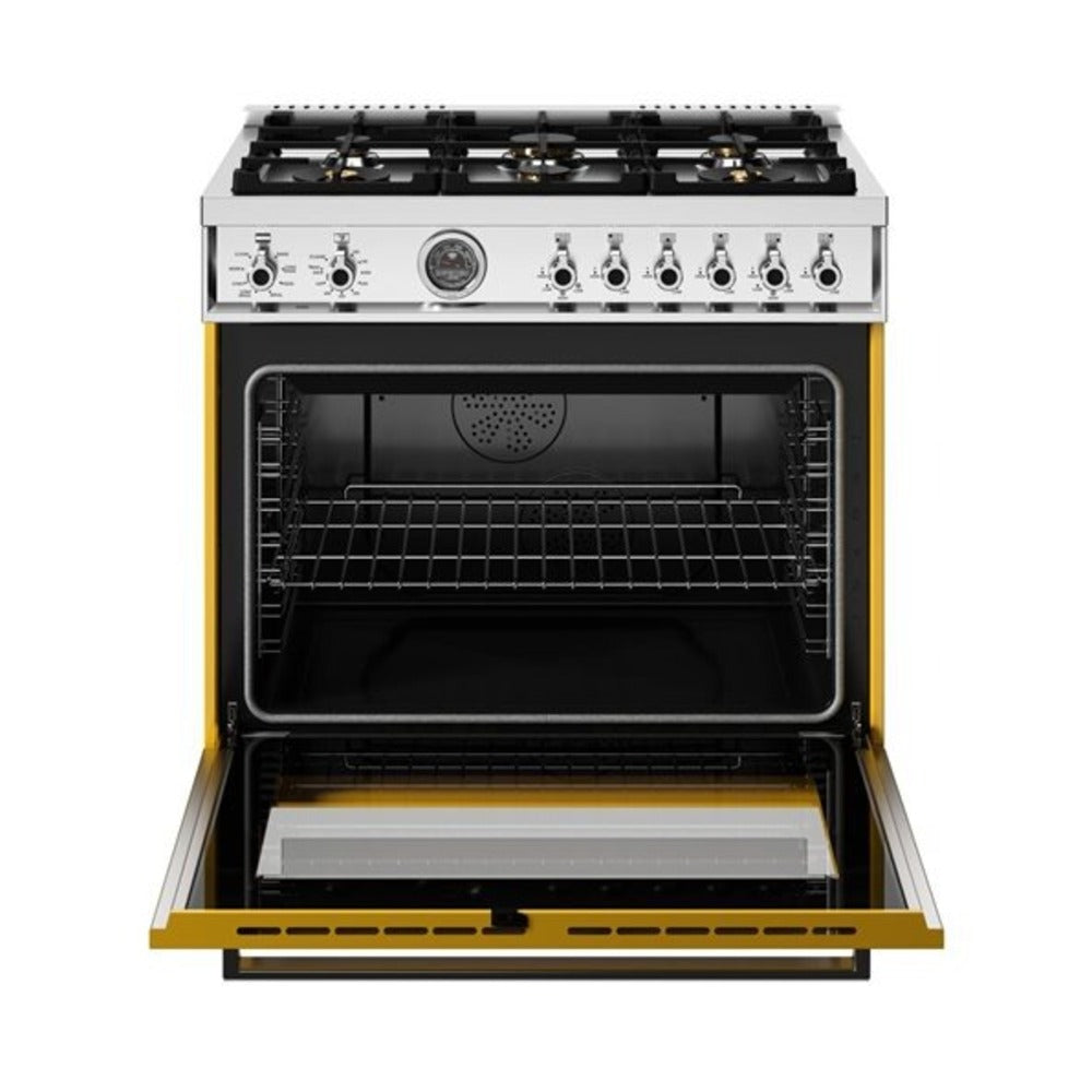 Bertazzoni Professional Series 36 inch Dual Fuel Range with 6 Brass Burners, 5.7 cu. ft. Oven Capacity, Self Clean and Removable Cast-Iron Griddle (Giallo Yellow) - PRO366BCFEPGIT*